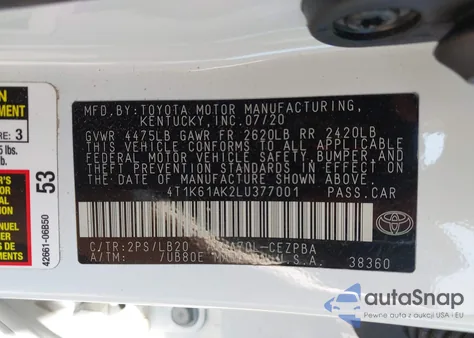 2020 Toyota Camry Xse z USA, uszkodzony, nr VIN 4T1K61AK2LU377001